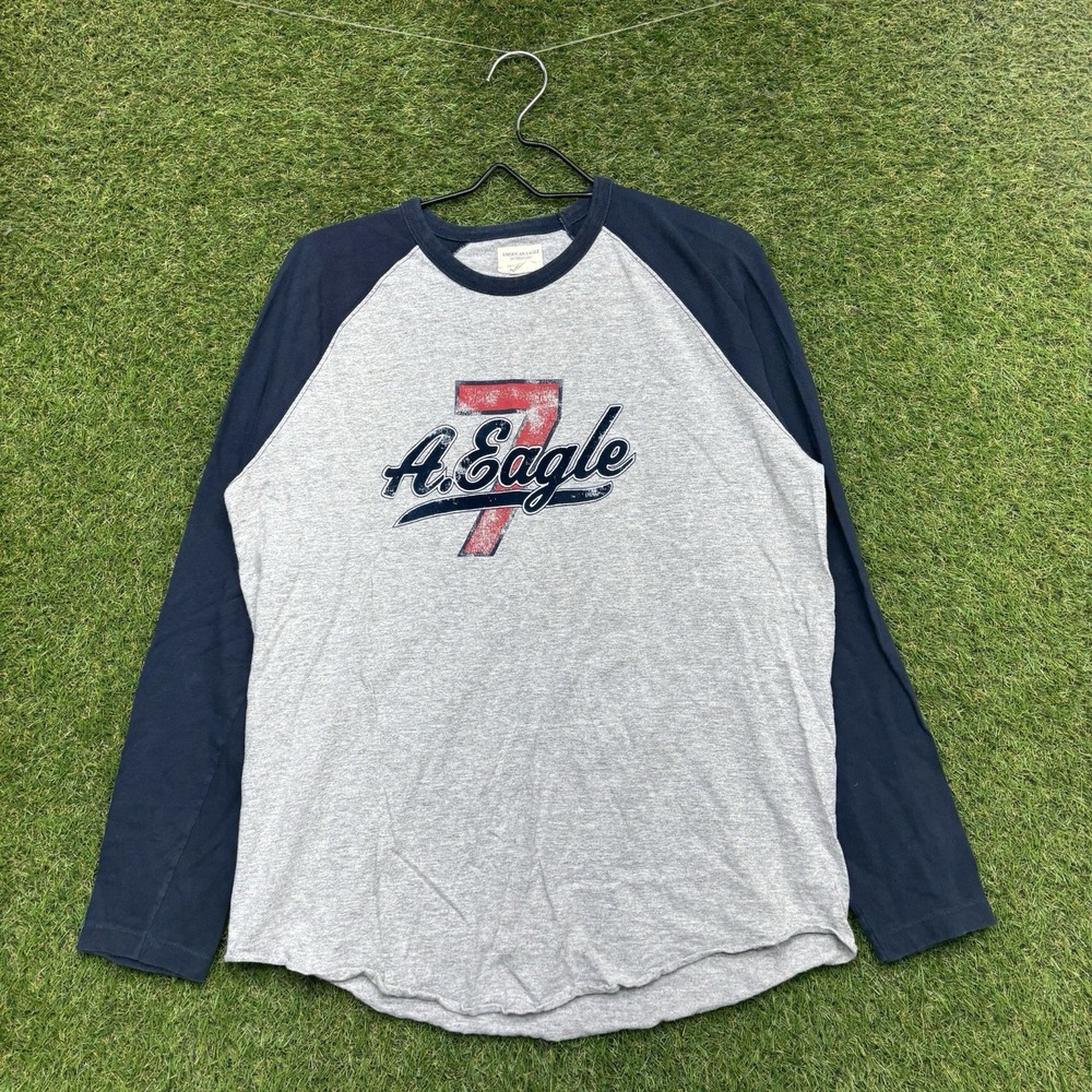 Vintage American Eagle Shirt Mens Medium Gray Pullover Baseball Tee Y2K Raglan